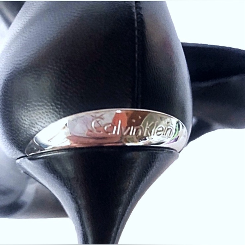 Calvin Klein Black Leather Pointed Toe Heels with Silver Logo Accent